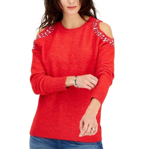 INC International Concepts Sweaters - INC International Concepts Red Embellished Off-Shoulder Sweater